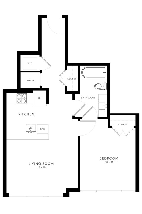 Floor plan for 1 bed, 1 bath, 536 sqft